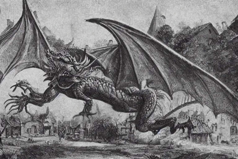 Image similar to very old photo of dragon attacking the medieval village