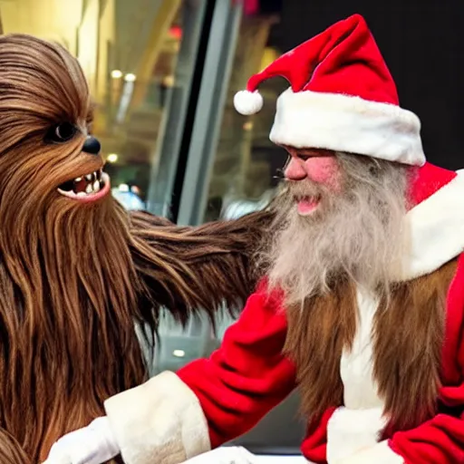 Image similar to chewbacca as the santa - claus - at - the - mall taking kids christmas wishes