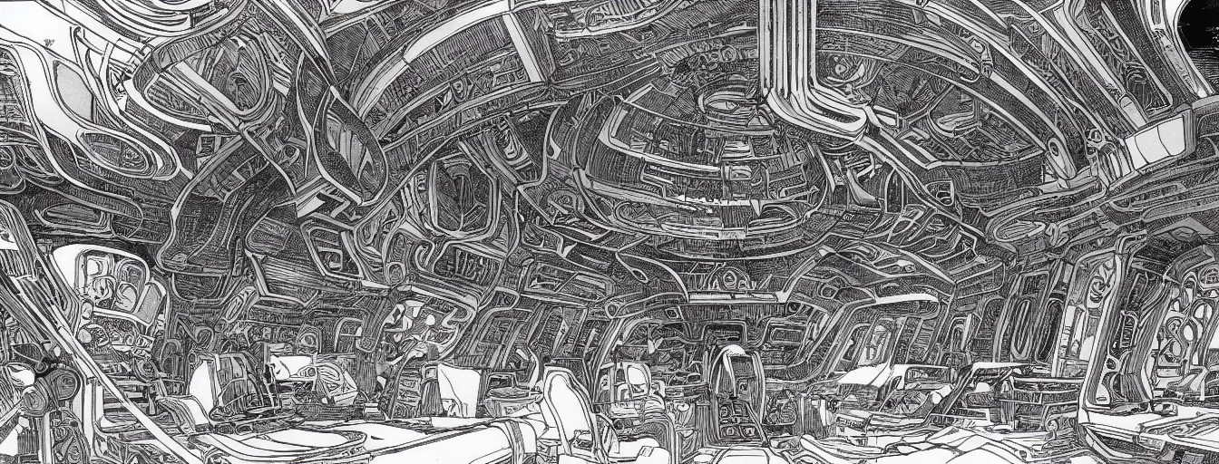 Prompt: cinematic shot of the interior of a sci - fi spaceship made with ornate biomachanical architecture and highly advanced technology, intricate linework, style of jean giraud moebius comic art