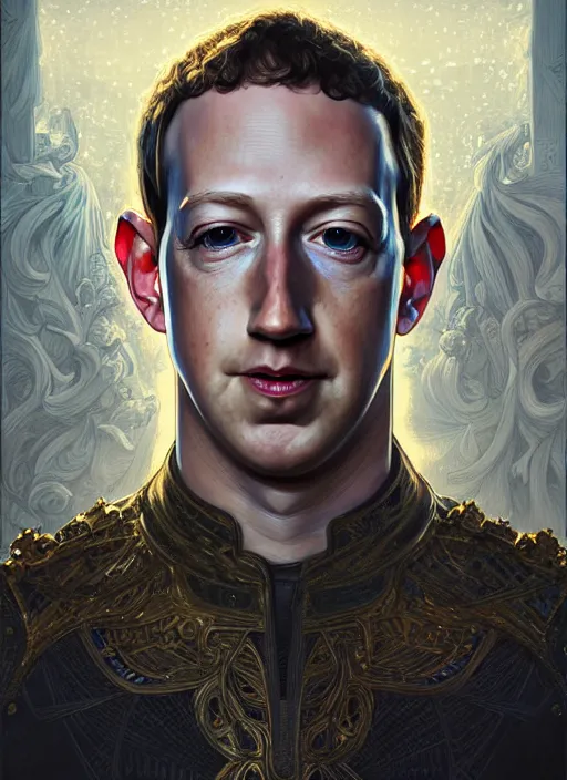 Image similar to symmetry!! portrait of mark zuckerberg + jeff bezos, fantasy, medieval wear, intricate, elegant, highly detailed, digital painting, artstation, concept art, smooth, sharp focus, illustration, art by artgerm and greg rutkowski and alphonse mucha