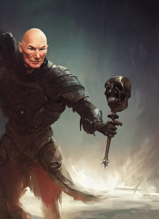 Prompt: Sir Patrick Stewart acting and holding a skull in his hand, elegant, digital painting, concept art, smooth, sharp focus, illustration, from StarCraft by Ruan Jia and Mandy Jurgens and Artgerm and William-Adolphe Bouguerea