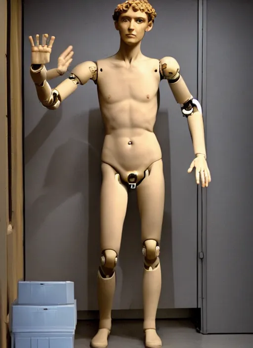 Prompt: a humanoid robot with an adult male human looking face is the statue david by michelangelo, polaroid, flash photography, photo taken in a back storage room where you can see empty shelves in the background,