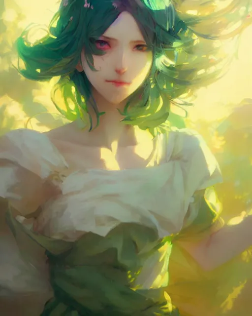 Image similar to girl with green hair and yellow clothing, flower decoration on the background, a beautiful half body illustration, top lighting, perfect shadow, soft painting, art by hidari and krenz cushart and wenjun lin