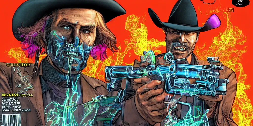 Prompt: a holographic ghost cowboy with two six shooters in front of a tomb in the comic book cover art style of Glenn Fabry