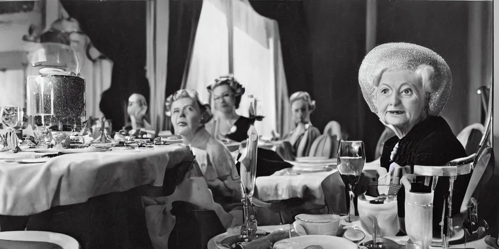 Image similar to detailed sharp photograph in the style of popular science circa 1 9 5 5 and gregory crewdson of a 1 9 5 0 s close up of an elderly woman wearing a mink stole and pearls with a white bouffant hairdo sitting at a banquet table looking into a 1 5 0 mm lens