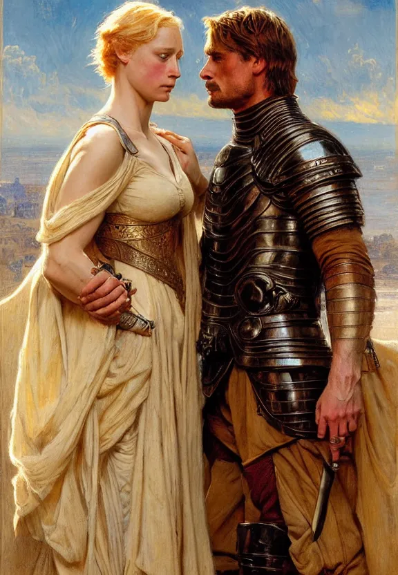 Prompt: attractive jaime lannister confesses his love for attractive armored brienne of tarth. highly detailed painting by gaston bussiere and j. c. leyendecker 8 k