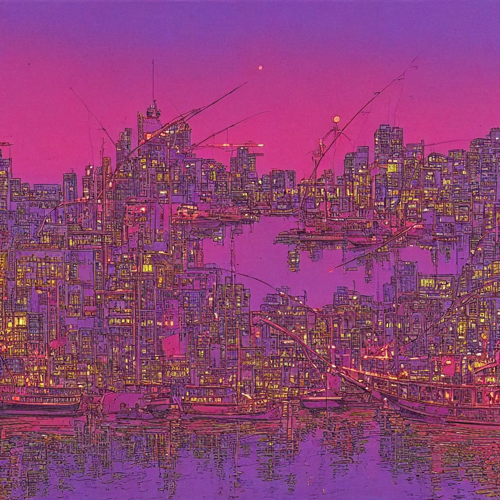 Prompt: the city lights were bright pink and orange and shone overhead. the harbour looked beautiful the sun reflecting off of the water and the neon lights of the city gave of a warm feeling, a fishing boat in first plan, by moebius