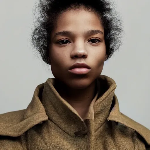 Image similar to realistic photoshooting for a new balenciaga lookbook color film photography close up portrait of a beautiful woman model, model wears a puffer jacket, photo in style of tyler mitchell, ssense