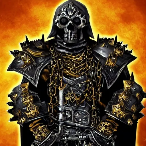 Image similar to lich king wearing black and gold armor with skulls and chains, holding a two handed sword with golden handle, wearing spiky helmet with mask