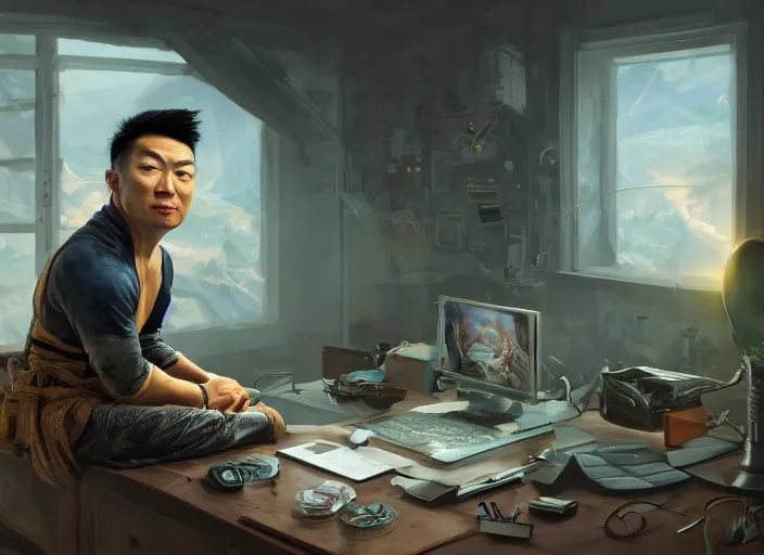 Image similar to an insanely detailed painting of an asian man wearing a homemade superhero costume, sitting at a desk, staring seriously at the computer and typing, in the style of peter mohrbacher, dramatic lighting and composition, surreal background, octane render, pixar, trending on artstation, concept art, comic book, view from behind, 8 k