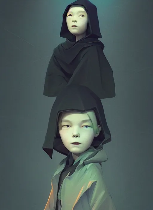 Prompt: kid wearing black cloak holding stick - 3 d vfx art - of the sun, art style by james jean & hsiao - ron cheng, character concept art, unreal engine render, digital illustration, sharp, intricate detail, volumetric light, ray tracing, soft light, symmetric, pinterest, artstation, behance,