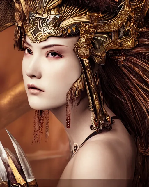 Image similar to fashion editorial of beauty charming woman as a warrior godly princess in feudal japan, clear makeup, clean hair, dry skin, clear skin, airbrushed, bright eye makeup, femine warrior body, photo by mario testino, 8k octane render, cinematic, hyper detailed, micro details, insanely detailed, trending on artstation, concept art, Peter Paul Rubens and Peter Mohrbacher style