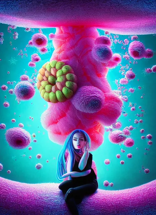 Image similar to hyper detailed 3d render like a Oil painting - kawaii Aurora (Singer) seen Eating of the Strangling network of colorful yellowcake and aerochrome and milky Fruit and Her delicate Hands hold of gossamer polyp blossoms bring iridescent fungal flowers whose spores black the foolish stars by Jacek Yerka, Mariusz Lewandowski, Houdini algorithmic generative render, Abstract brush strokes, Masterpiece, Edward Hopper and James Gilleard, Zdzislaw Beksinski, Mark Ryden, Wolfgang Lettl, Dan Hiller, hints of Yayoi Kasuma, octane render, 8k