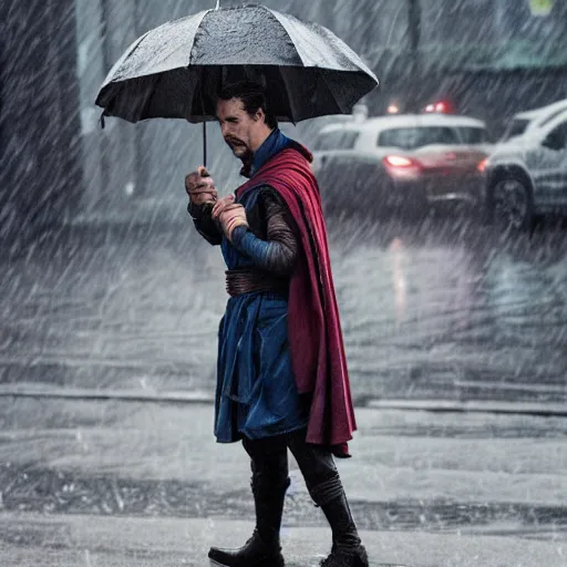 Prompt: doctor strange waiting for the bus during a rainy day, award winning candid photography