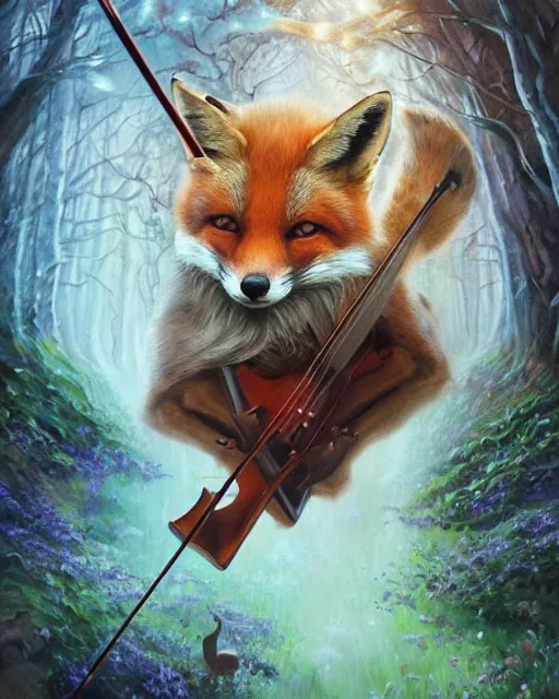 Image similar to Fox playing violin in magical forest, portrait, wearing hat, magical notes, fairy atmosphere, magic the gathering artwork, D&D, fantasy, cinematic lighting, centered, symmetrical, highly detailed, digital painting, artstation, concept art, smooth, sharp focus, illustration, volumetric lighting, epic Composition, 8k, art by Akihiko Yoshida and Greg Rutkowski and Craig Mullins, oil painting, cgsociety