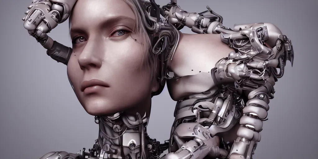 Prompt: photorealistic gorgeous symmetrical female cyborg, holding intimately, holding hands, highly detailed, arms, back, intricate, in the style of beth cavener, jin kagetsu, wlop, masterpiece, concept art, high key lighting, ambient lighting, octane render, 8 k, artstation