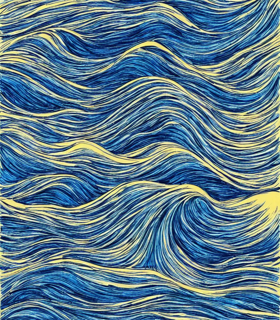 Image similar to a beautiful artwork of a perfect set of waves!, lineart, rough charcoal sketch, blue colored highlights, golden sunset, dark waves