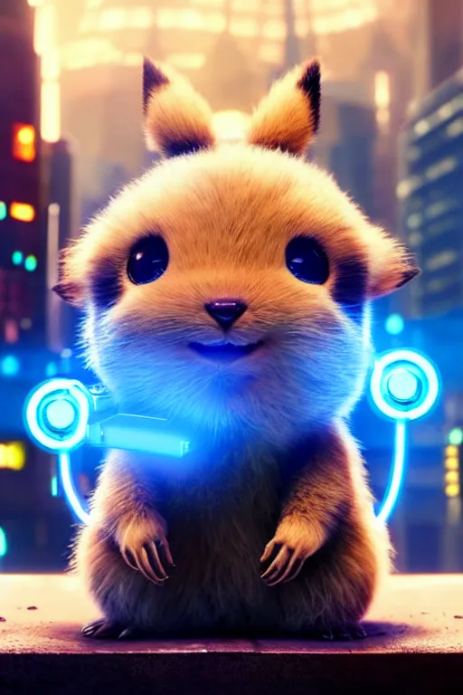 Image similar to high quality video game sci - fi very cute fluffy! wombat!! cyborg with futuristic mechanical parts, cyberpunk monocle!, highly detailed, unreal engine cinematic smooth, in the style of detective pikachu, hannah yata charlie immer, dark blue neon light, low angle, uhd 8 k, sharp focus