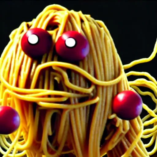 Image similar to a monster with a body made of spaghetti noodles and two big meatballs, with eyes at the end of the noodles that grow upward