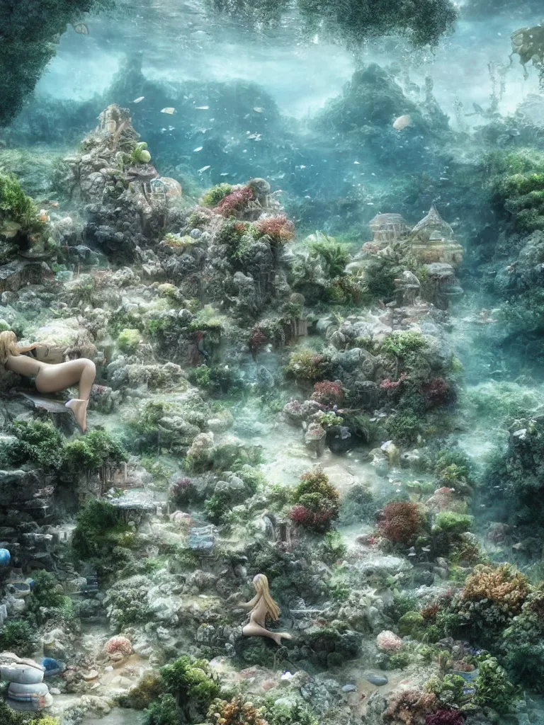 Image similar to partly underwater merpeople town made of rocks and sand, cute style garden, octane render, algae - trees, evergreen, patio, garden, wet atmosphere, tender, soft light misty yoshitaka amano, and artgerm