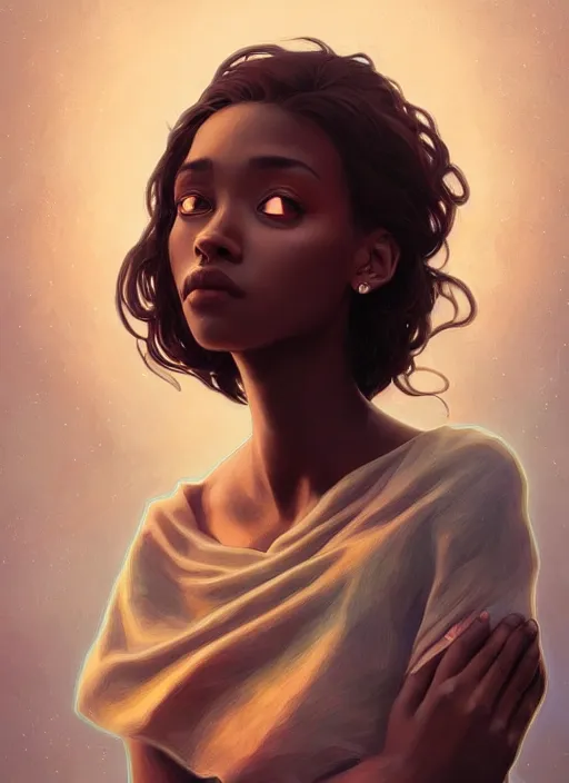 Image similar to handsome young black women with shoulder length brown hair, half body shot, path traced, highly detailed, high quality, digital painting, alena aenami, lilia alvarado, shinji aramaki, karol bak, alphonse mucha, tom bagshaw