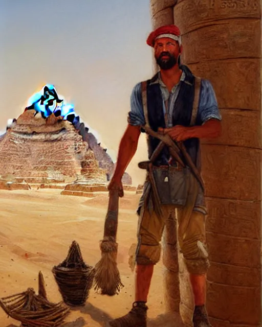 Image similar to detailed painting of an american lumberjack in front of the gizeh pyramids of egypt, greg rutkowski, magali villeneuve and monet