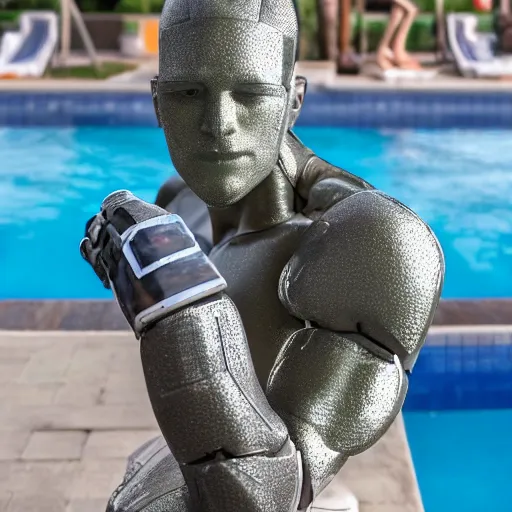Image similar to a realistic detailed photo of a guy who is an attractive humanoid who is half robot and half humanoid, who is a male android, wrestler a. j. ferrari, shiny skin, posing like a statue, blank stare, by the pool, on display, showing off his muscles, humanoid robot, frozen ice statue
