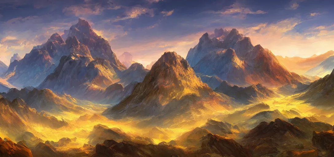 Prompt: vast mountain landscape, craggy mountains, magic the gathering, three - colors, three - color color palette, panoramic, wide angle, horizon, highly detailed