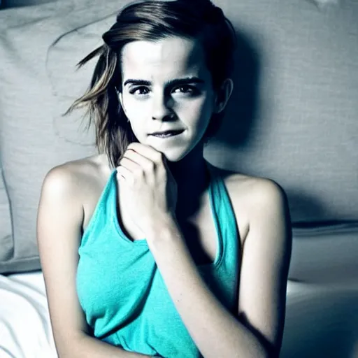 Image similar to emma watson waiting for you in bed at night while smiling shyly, messy hair bedhead, very sleepy and shy, bare shoulders, comforting, covered by little blue nighty, dim cool lighting