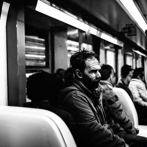 Image similar to a very very confused and scared man riding a suburban train for the first time, 8 5 mm photograph