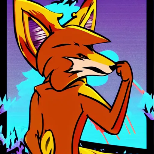 Image similar to Robin Hood anthropomorphic fox, wearing a synthwave hoodie vhs still