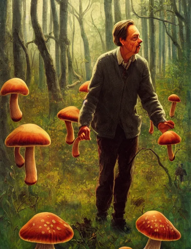Prompt: steve buscemi collecting mushrooms. gouache fairytale art, russian romanticism, muted palette, backlighting, depth of field