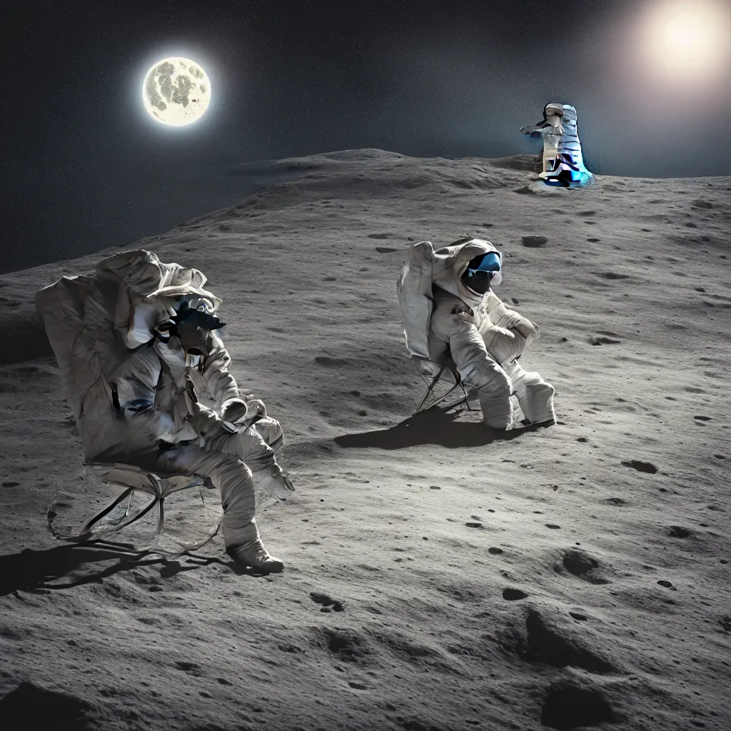 Image similar to A highly photographic render of astronaut on the Moon, sitting on a concrete bench reading a book, rim lighting, cinematic lighting, octane engine, photo realistic image, 4K, super detailed, cinematic look