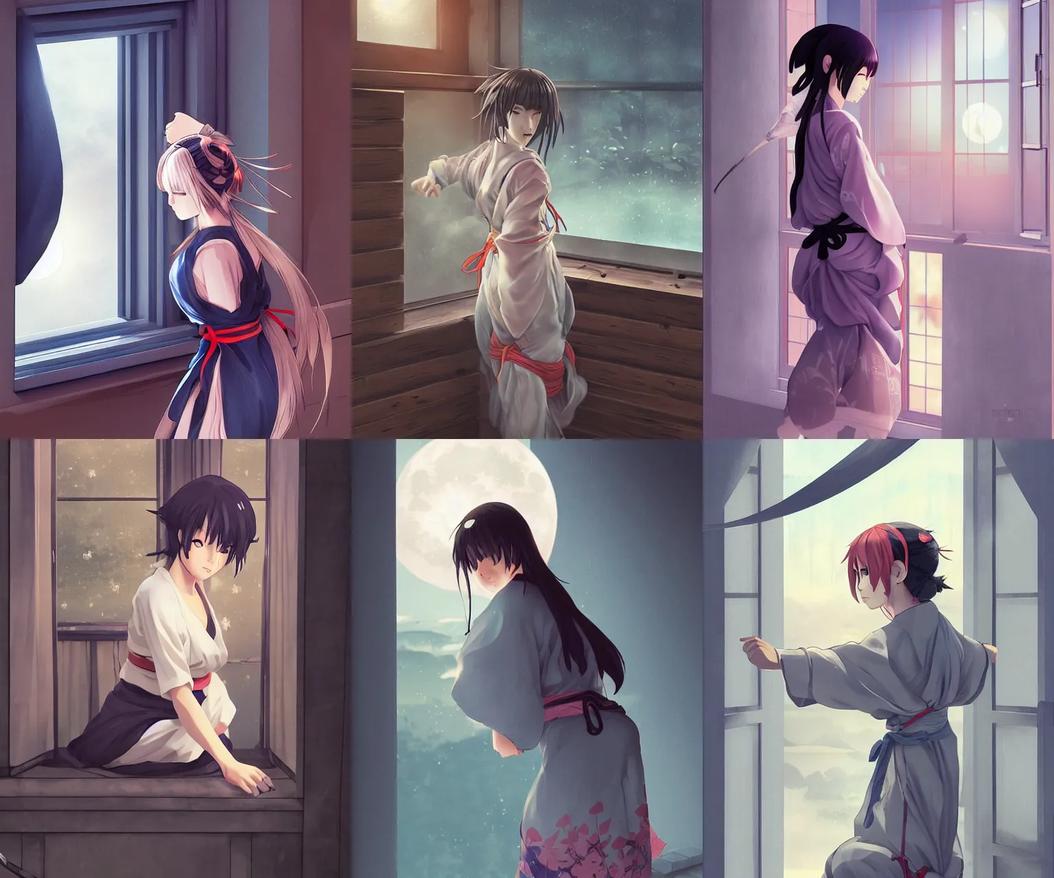 Prompt: A ninja girl in a short peasant kimono, carefully climbing through open window, frontal shot, strong moonlight, digital anime art by WLOP