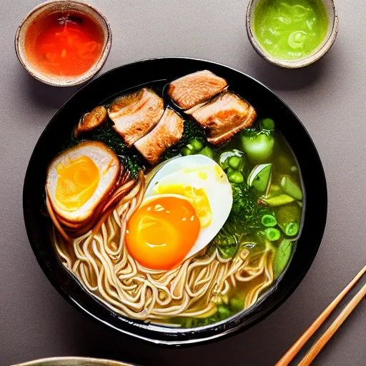 Prompt: A delicious ramen with chicken, eggs, and veggies, the only lighting is from the sunlight, photorealistic imagery, 35mm photography, professional photography, 4k, 8k