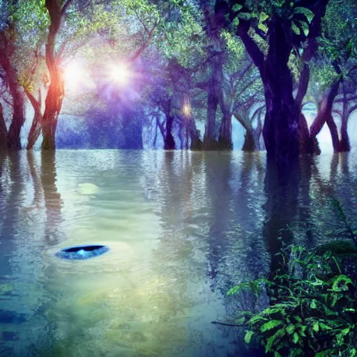 Image similar to greek gods, in forest, three eyed, wide wide shot, feet in water, colors, eyes in forehead, ground very detailed, wet eyes reflecting into eyes reflecting into infinity, beautiful lighting