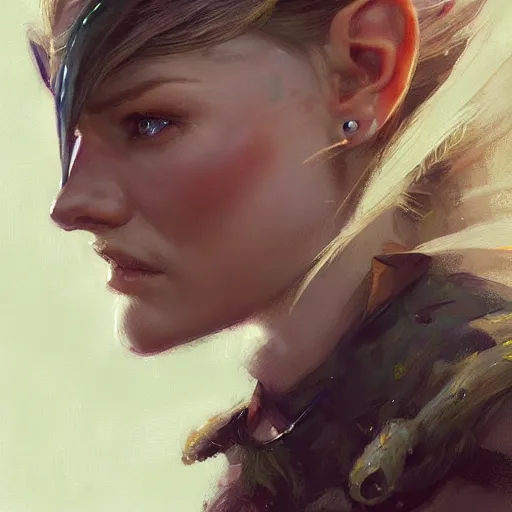 Image similar to A head-on detailed oil portrait of a distinguished elf woman with small cuflhcopper horns, long blonde hair and bright irises, by greg rutkowski, trending on artstation, dungeon and dragons art