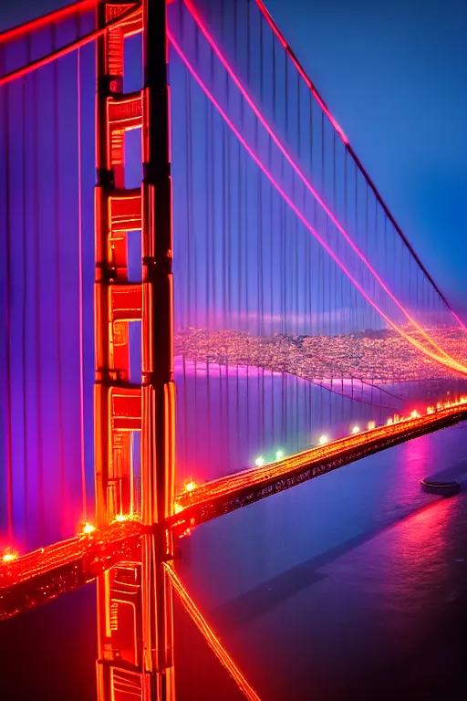 Image similar to neon streets of san francisco golden gate bridge, 4 k, award winning photo, cyberpunk style