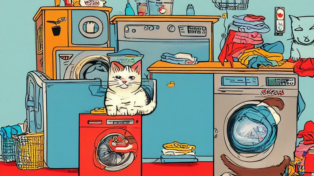 Image similar to cat sitting on top of a washing machine in a laundromat by Richard Scarry illustration