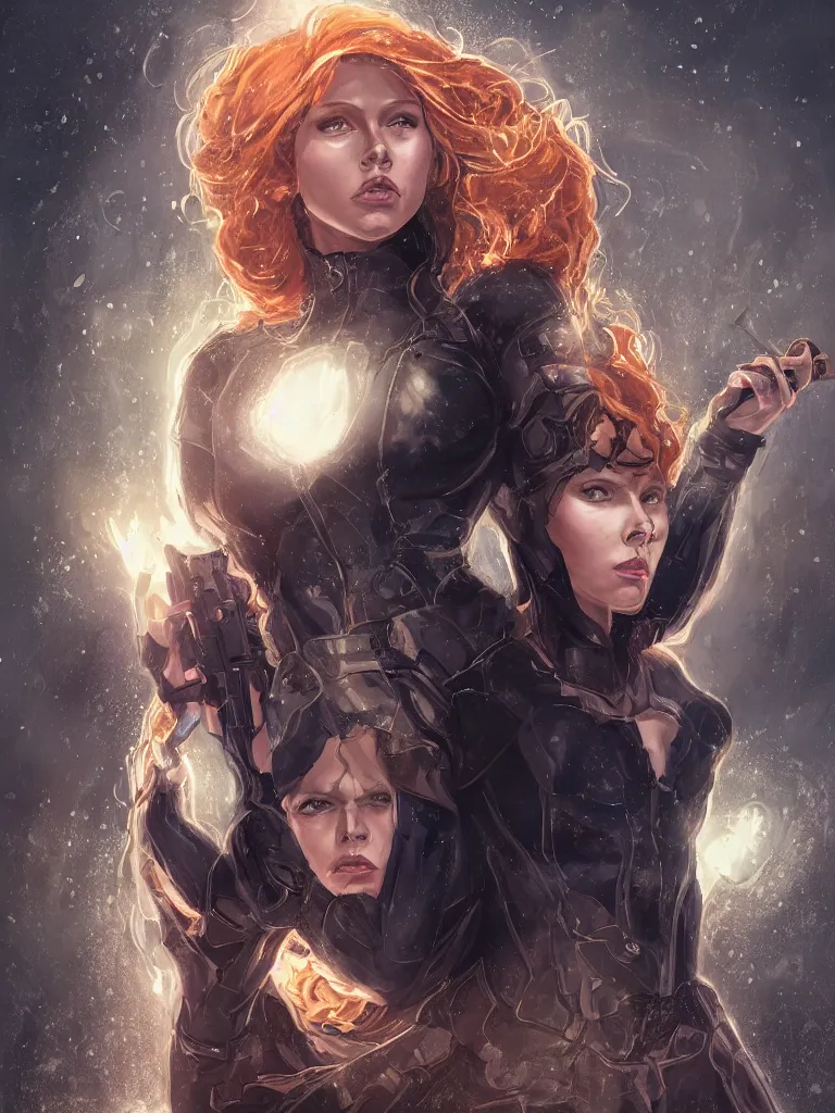 Image similar to portrait of marvel's black widow as a beautiful scandinavian goddess in a icelandic courtyard holding a pistol, decolletage, confident pose, coherent, insane detail, concept art, character concept, cinematic lighting, global illumination radiating a glowing aura