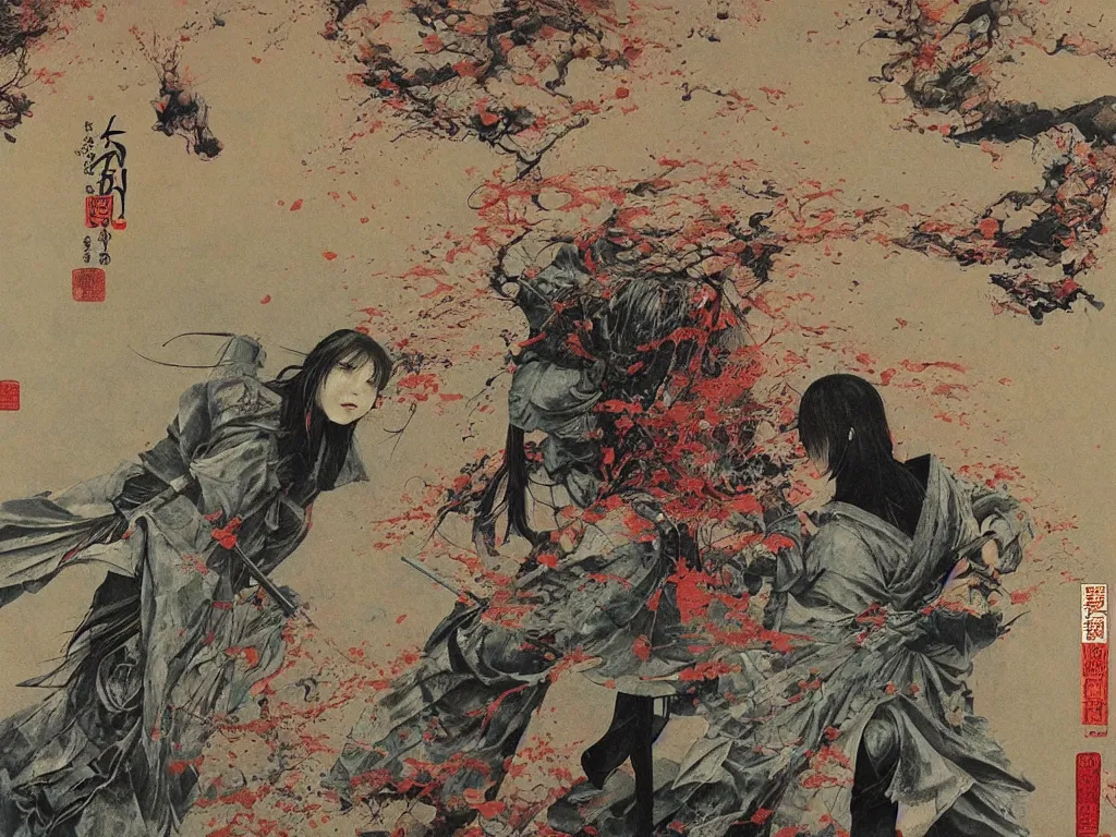 Image similar to Japanese schoolgirl runs away from Samurai with a katana on the subway, high detailed Beksinski painting, part by Adrian Ghenie and Gerhard Richter. art by Takato Yamamoto.