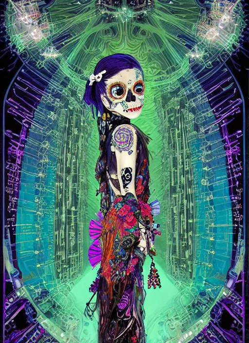 Image similar to cute punk goth fashion hippy fractal Día de los Muertos alien girl wearing kimono made of circuits and leds by Zhang Jingna, poster art by Dan Mumford Kilian Eng Hannah Jeffrey Smith Rick Griffin Alphonse Mucha