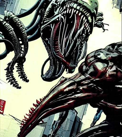 Prompt: a scene of a man face to face with a dangerous xenomorph predator alien creature, comic book art, by yoji shinkawa and takehiko inoue and kim jung gi, masterpiece, perfect