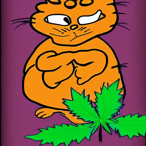 Image similar to Garfield with red eyes and weed around, children drawning,