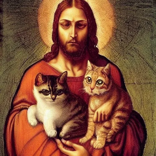 Prompt: jesus holding two cute furry cats, big eyes, symetrical faces, emotional, cute, powerful, digital art by leonardo da vinci