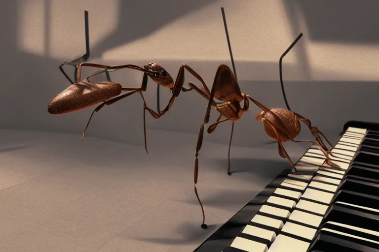 Prompt: a giant ant sitting on a piano bench wearing a bow tie and playing the piano, unreal engine, photorealistic digital art