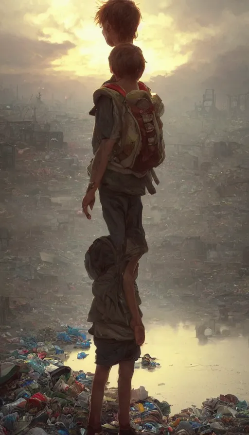 Image similar to poor detailed child with backpack standing at cars looking for food at garbage dump, destroyed cars, city is pure wasteland, moody sunset in background, greg rutkowski, alphonse mucha, trending on artstation, artgerm, unreal engine, breathtaking, award winning, highly detailed