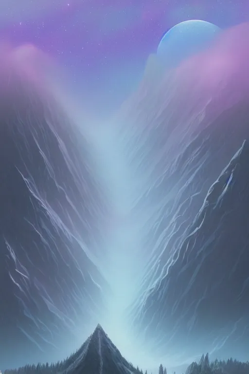 Image similar to digital matte fantasy dreamy mountain scape soft pastels snow milky way futuristic moonlight, artstation, behance, 8 k by alex grey