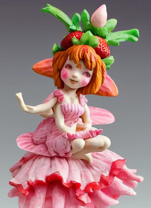 Prompt: a wholesome femo figurine of a cute funny strawberry fairy with freckles wearing a frilly floral strawberry dress featured on silent hill by studio ghibly and disney made of strawberry jam jar, pastels, wide angle, dynamic dancing pose, 🎀 🍓 🧚