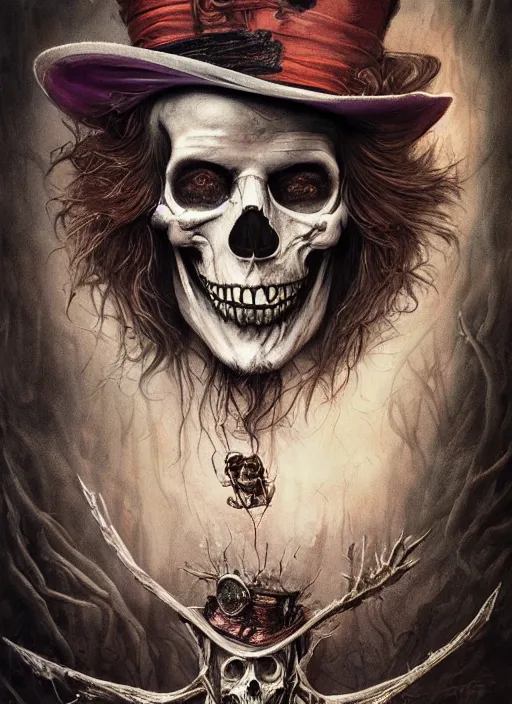 Image similar to Mad Hatter, Death Tarot card,highly detailed,half skull face,cinematic,8k,by Stanley Artgermm,Tom Bagshaw,Greg Rutkowski,Carne Griffiths, Ayami Kojima, Beksinski, Giger,trending on DeviantArt,hyper detailed,horror, full of colour